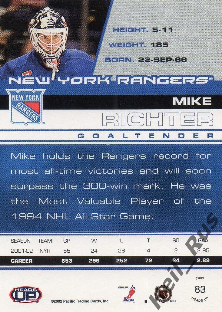 Хоккей. Карточка Mike Richter/Майк Рихтер (New York Rangers/Рейнджерс) НХЛ/NHL 1