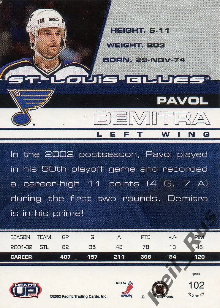 Хоккей. Карточка Павол Демитра St. Louis Blues, Локомотив Ярославль НХЛ/NHL, КХЛ 1