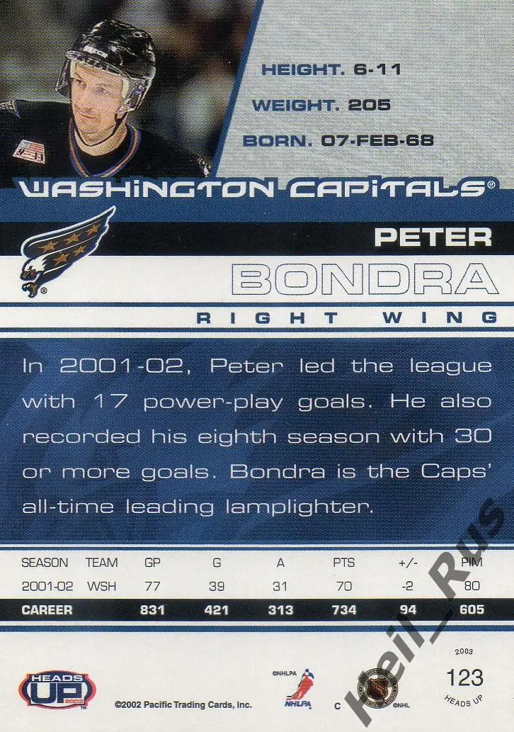 Хоккей Карточка Peter Bondra/Петер Бондра Washington Capitals/Вашингтон НХЛ/NHL 1