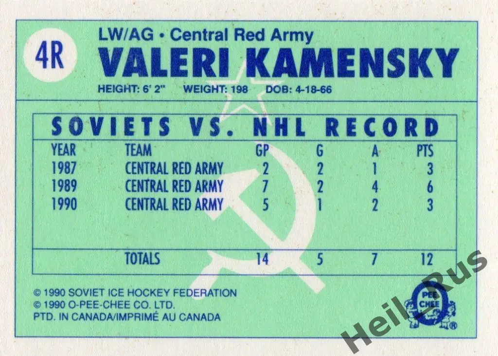 Хоккей. Карточка Валерий Каменский (ЦСКА Москва, Химик Воскресенск) 1990-91 1