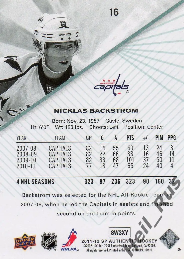Хоккей. Карточка Никлас Бэкстрем (Washington Capitals/Динамо Москва) НХЛ/NHL/КХЛ 1