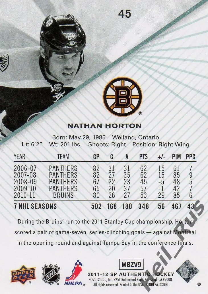 Хоккей. Карточка Nathan Horton/Натан Хортон Boston Bruins/Бостон Брюинз НХЛ/NHL 1
