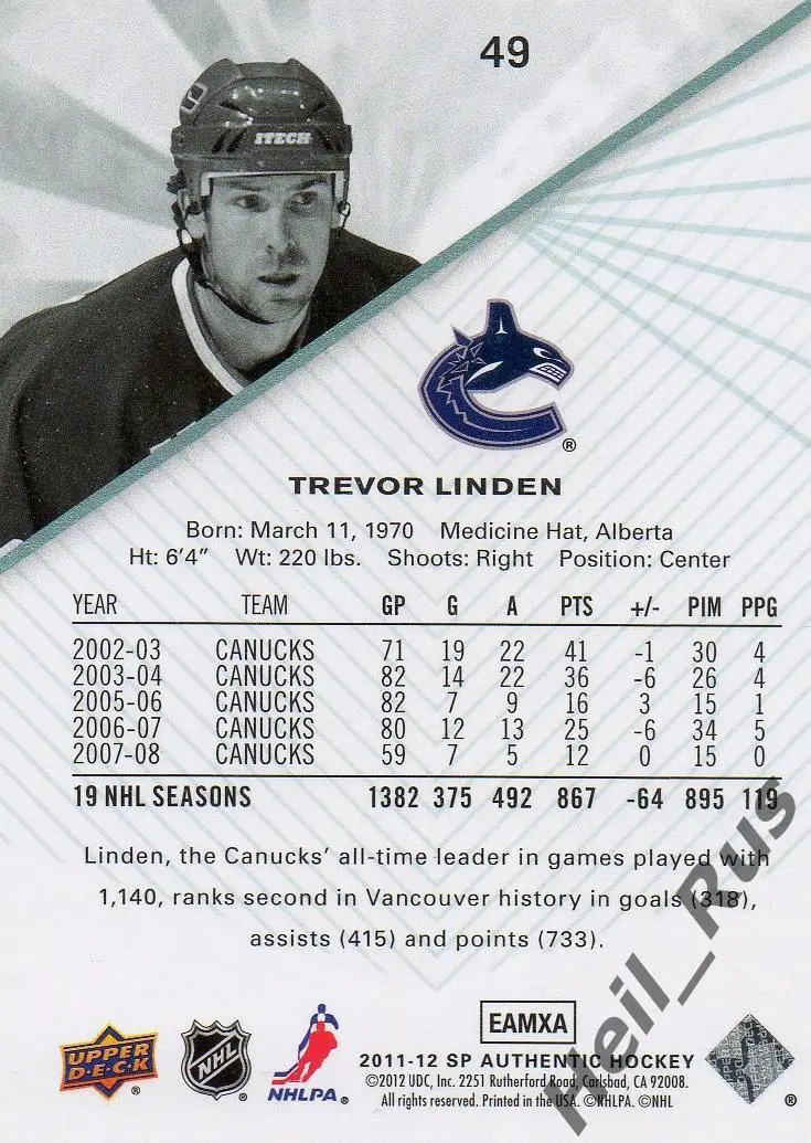 Хоккей. Карточка Trevor Linden/Тревор Линден Vancouver Canucks/Ванкувер НХЛ/NHL 1