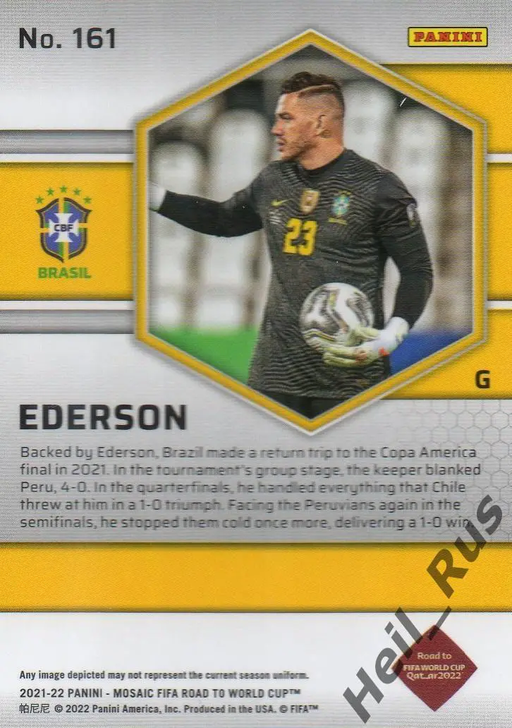 Футбол. Карточка Ederson/Эдерсон (Бразилия, Манчестер Сити, Бенфика) 2022 Panini 1