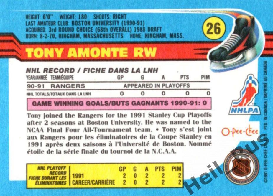Хоккей; Карточка Tony Amonte/Тони Амонте (New York Rangers / Рейнджерс) НХЛ/NHL 1
