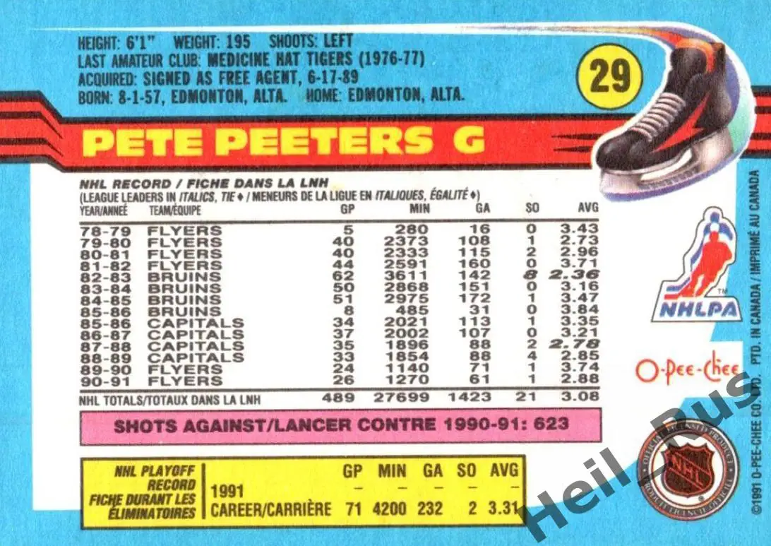 Хоккей. Карточка Pete Peeters/Пит Питерс Philadelphia Flyers/Филадельфия НХЛ/NHL 1
