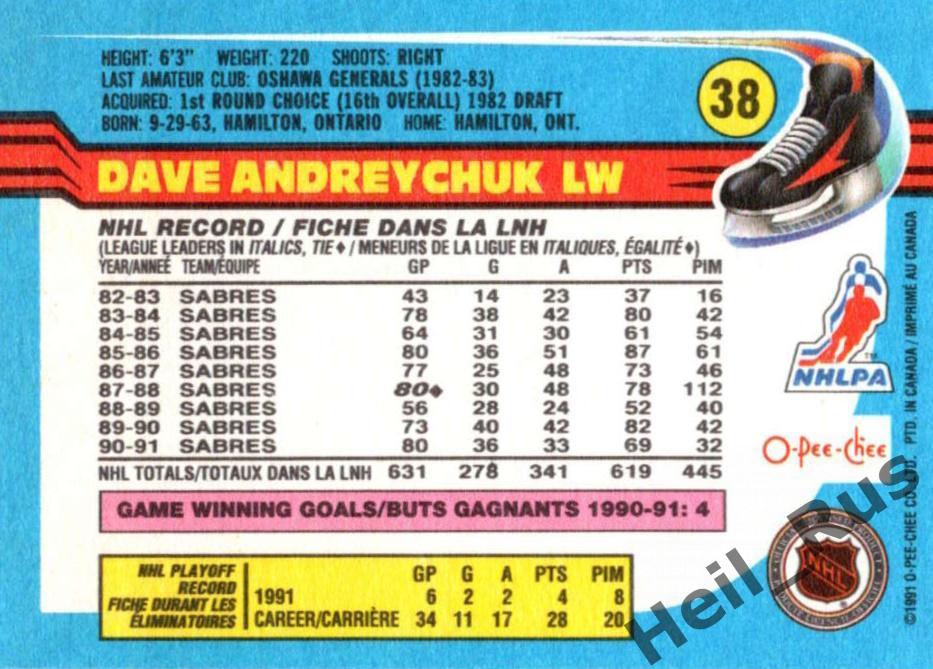 Хоккей Карточка Dave Andreychuk/Дэйв Андрейчук (Buffalo Sabres/Баффало) НХЛ/NHL 1