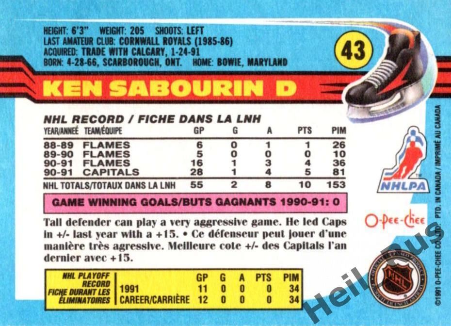 Хоккей. Карточка Ken Sabourin/Кен Сабурин Washington Capitals/Вашингтон НХЛ/NHL 1