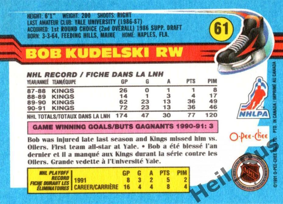 Хоккей. Карточка Bob Kudelski/Боб Кудельски (Los Angeles Kings/Кингз) НХЛ/NHL 1