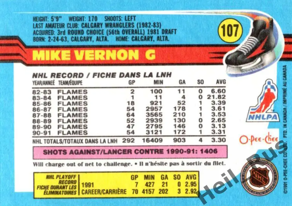 Хоккей; Карточка Mike Vernon/Майк Вернон (Calgary Flames/Калгари Флэймз) НХЛ/NHL 1
