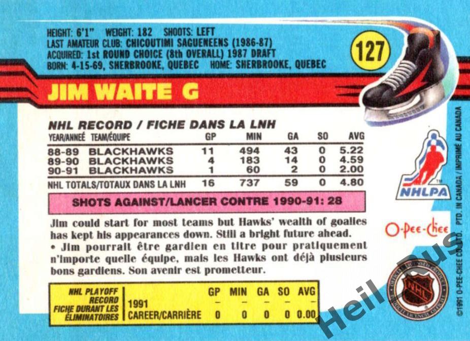 Хоккей Карточка Jim Waite/Джимми Уэйт Chicago Blackhawks/Чикаго Блэкхокс НХЛ/NHL 1