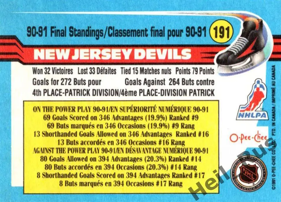 Хоккей. Карточка New Jersey Devils/Нью-Джерси Девилз НХЛ/NHL 1991-92 O-Pee-Chee 1