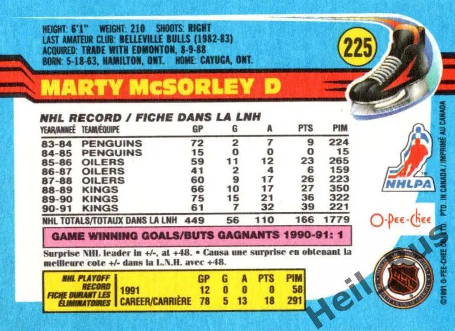 Хоккей; Карточка Marty McSorley/Марти Максорли (Los Angeles Kings/Кингз) НХЛ/NHL 1