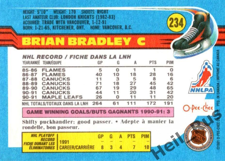 Хоккей. Карточка Brian Bradley/Брайан Брэдли Toronto Maple Leafs/Торонто НХЛ/NHL 1