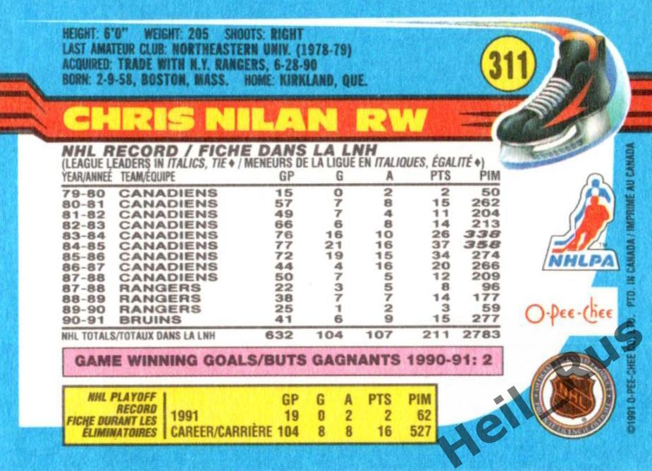 Хоккей. Карточка Chris Nilan/Крис Нилан (Boston Bruins / Бостон Брюинз) НХЛ/NHL 1