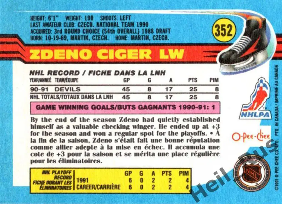 Хоккей; Карточка Zdeno Ciger/Здено Цигер (New Jersey Devils/Нью-Джерси) НХЛ/NHL 1