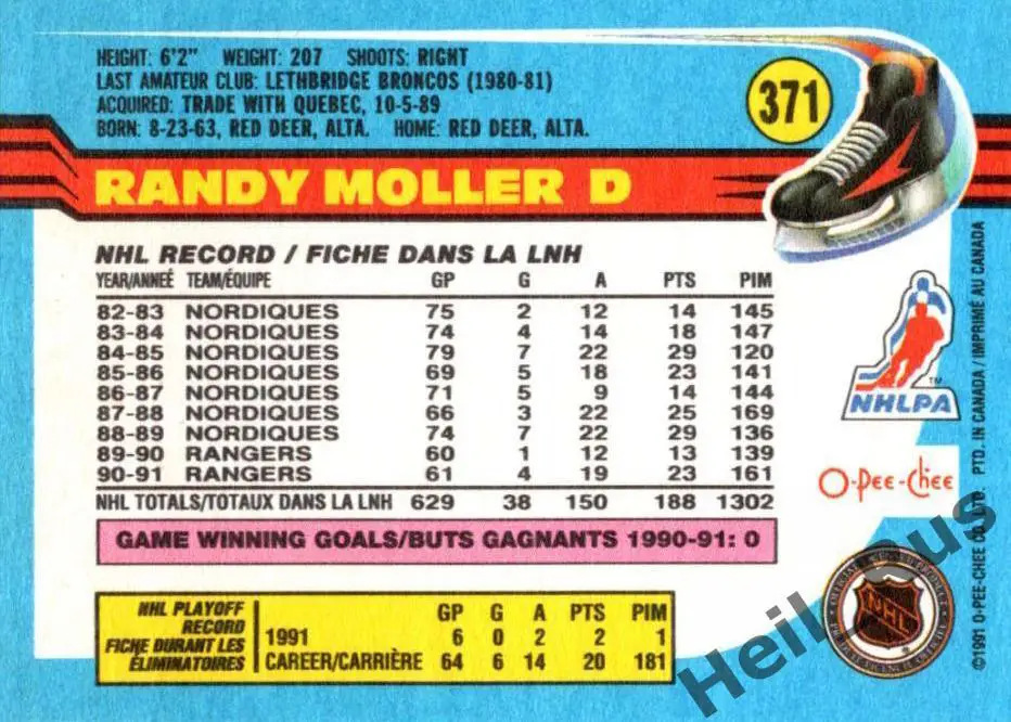 Хоккей. Карточка Randy Moller/Рэнди Моллер (New York Rangers / Нью-Йорк) НХЛ/NHL 1