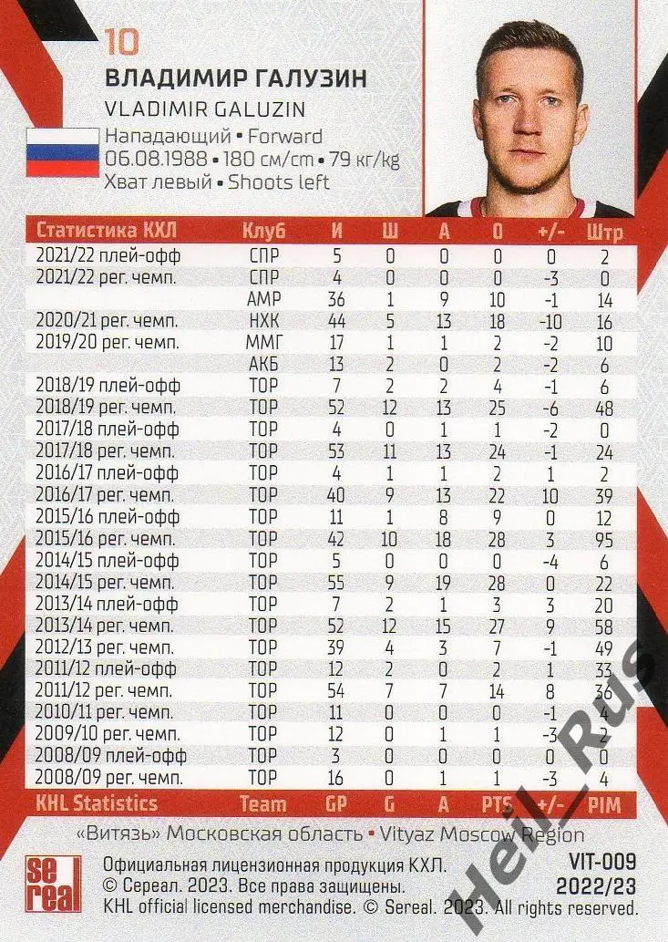 Хоккей. Карточка Владимир Галузин (Витязь Московская область) КХЛ сезон 2022/23 1