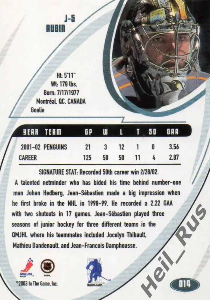 Хоккей Карточка Aubin/Жан-Себастьян Обен Pittsburgh Penguins / Питтсбург НХЛ/NHL 1