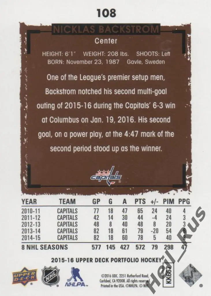 Хоккей. Карточка Никлас Бэкстрем (Washington/Вашингтон, Динамо Москва) НХЛ/NHL 1