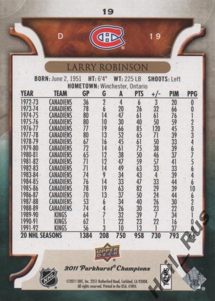 Хоккей. Карточка Robinson / Ларри Робинсон (Montreal Canadiens/Монреаль) НХЛ/NHL 1