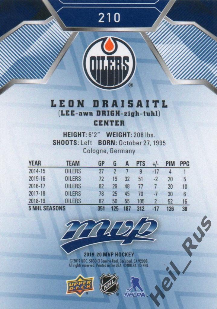 Хоккей. Карточка Leon Draisaitl/Леон Драйзайтль Edmonton Oilers/Эдмонтон НХЛ/NHL 1