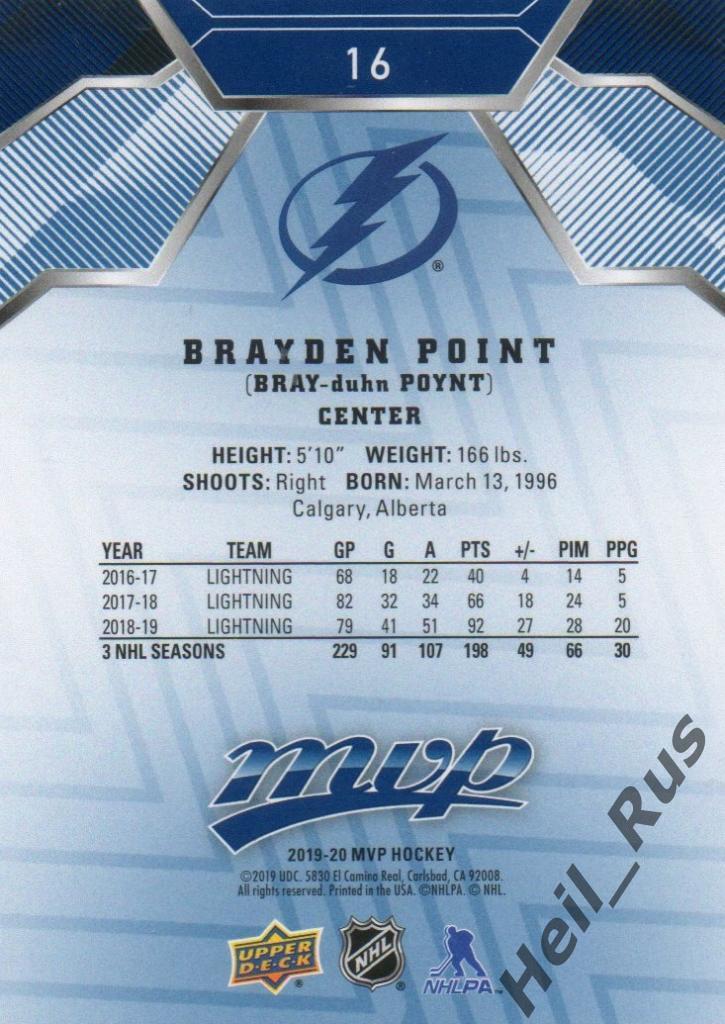 Хоккей. Карточка Brayden Point / Брэйден Пойнт (Tampa Bay Lightning) НХЛ/NHL 1