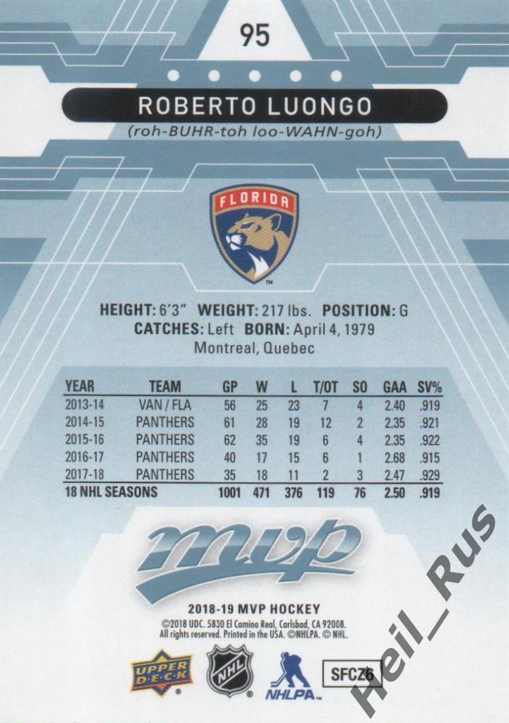 Хоккей Карточка Roberto Luongo/Роберто Луонго (Florida Panthers/Флорида) НХЛ/NHL 1
