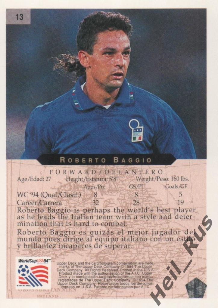 Футбол. Карточка Roberto Baggio / Роберто Баджо (Италия) Чемпионат Мира 1994 1