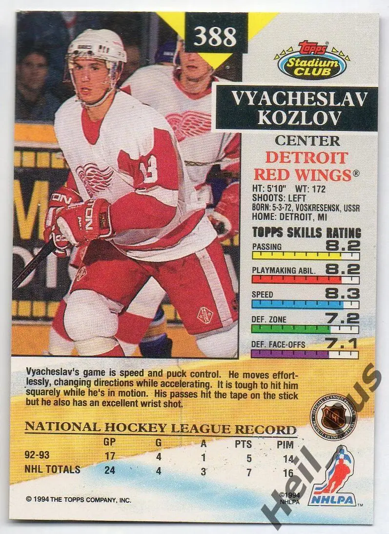 Хоккей Карточка Вячеслав Козлов (Детройт, Динамо/Спартак/ЦСКА/Химик) НХЛ/NHL/КХЛ 1