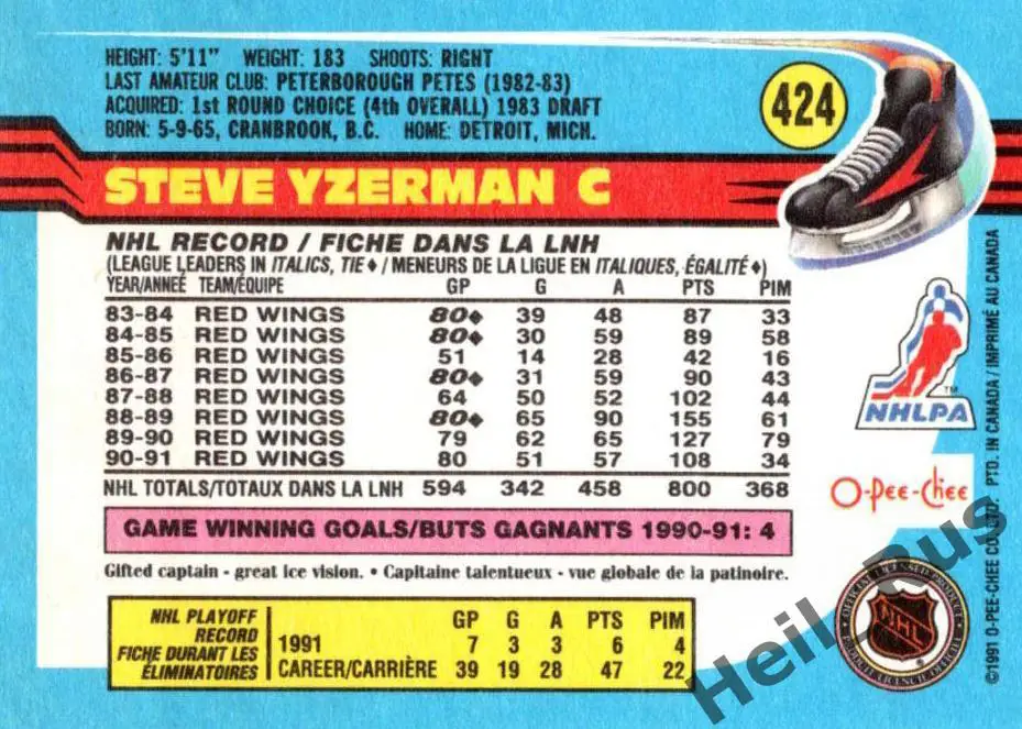 Хоккей. Карточка Steve Yzerman/Стив Айзерман Detroit Red Wings / Детройт НХЛ/NHL 1