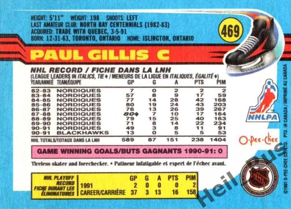 Хоккей. Карточка Paul Gillis/Пол Гиллис (Chicago Blackhawks/Чикаго) НХЛ/NHL 1