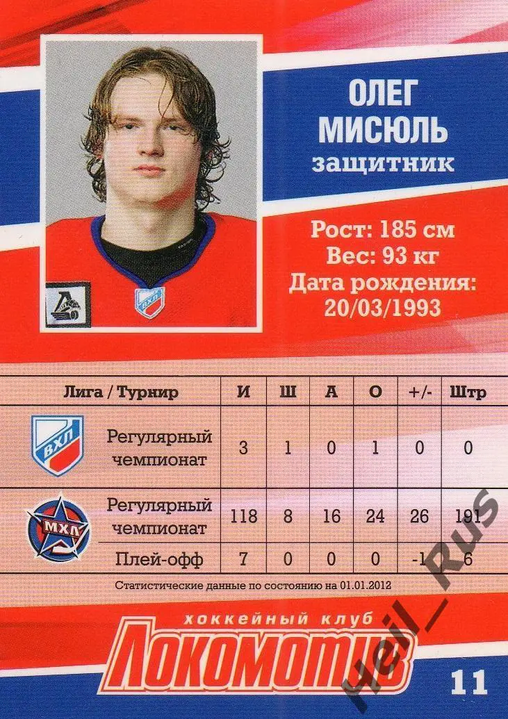 Хоккей. Карточка Олег Мисюль (Локомотив Ярославль) ВХЛ/МХЛ/КХЛ сезон 2011/12 1