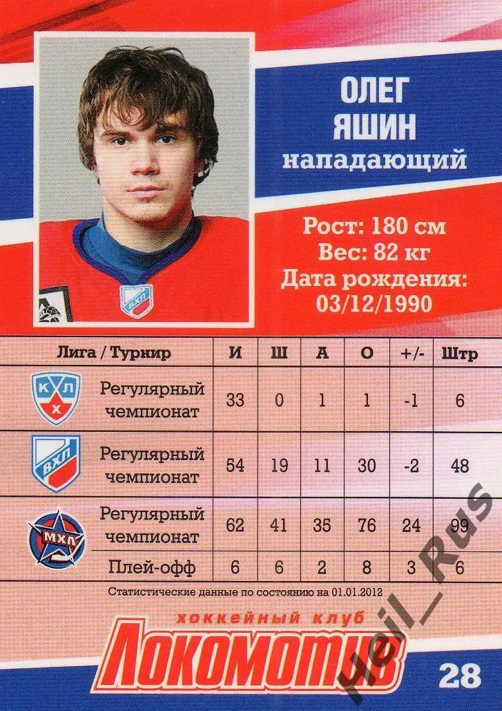 Хоккей. Карточка Олег Яшин (Локомотив Ярославль) ВХЛ/МХЛ/КХЛ сезон 2011/12 1