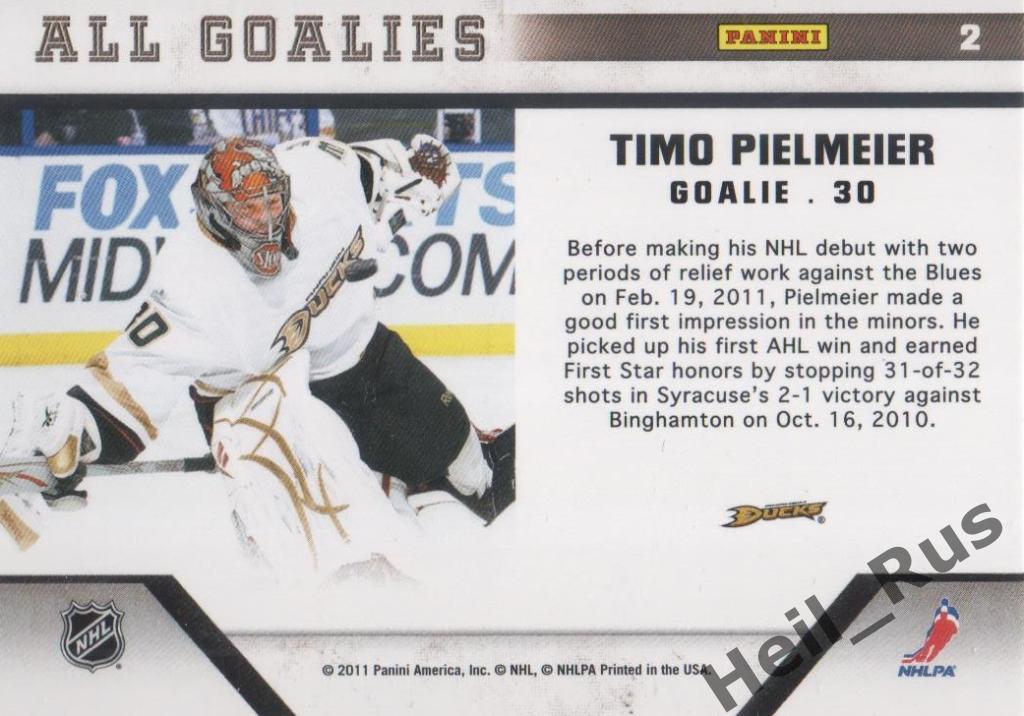Хоккей. Карточка Timo Pielmeier/Тимо Пильмайер (Anaheim Ducks / Анахайм) НХЛ/NHL 1