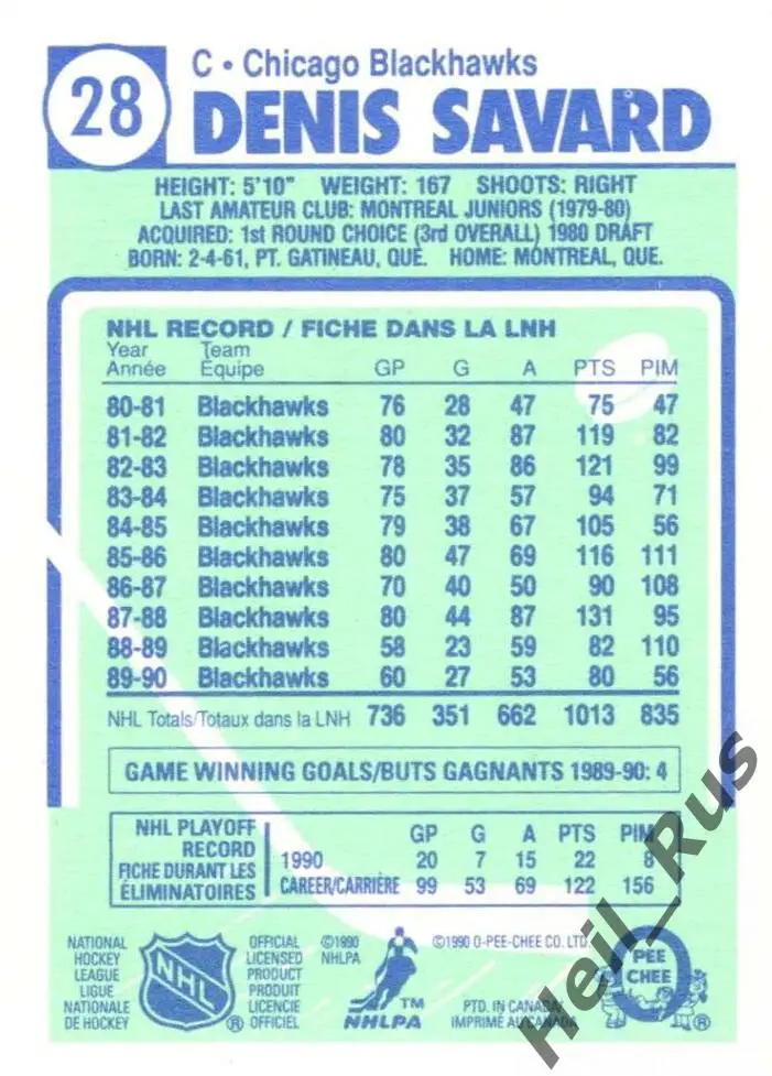 Хоккей. Карточка Denis Savard / Дени Савар (Chicago Blackhawks / Чикаго) НХЛ/NHL 1
