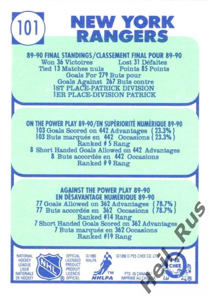 Хоккей. Карточка New York Rangers/Нью-Йорк Рейнджерс НХЛ/NHL 1990-91 O-Pee-Chee 1