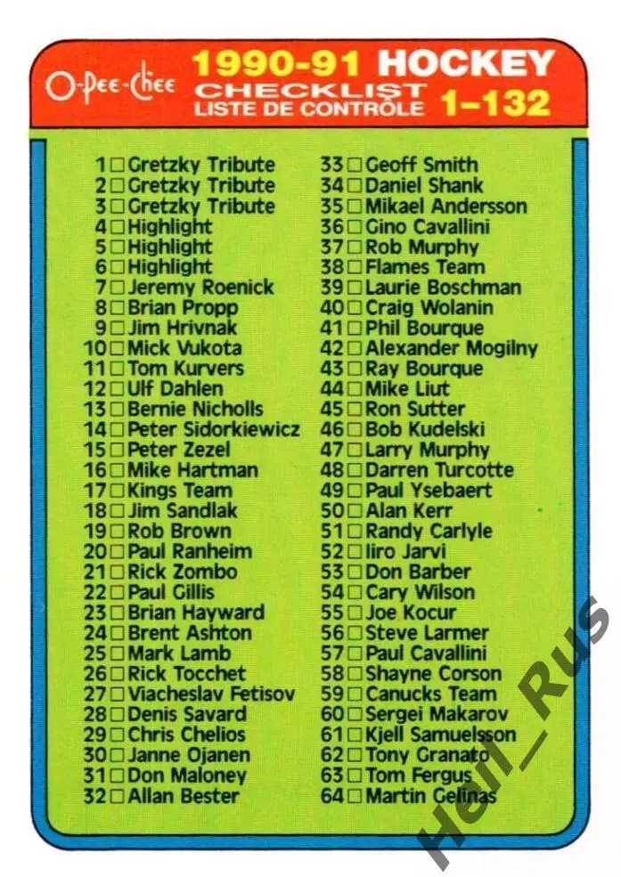 Хоккей. Карточка Checklist / Чеклист коллекции 1990-91 O-Pee-Chee НХЛ/NHL