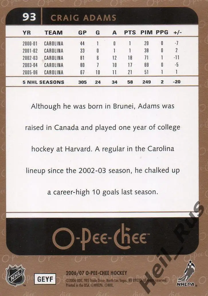 Хоккей. Карточка Craig Adams/Крэйг Адамс (Carolina Hurricanes/Каролина) НХЛ/NHL 1