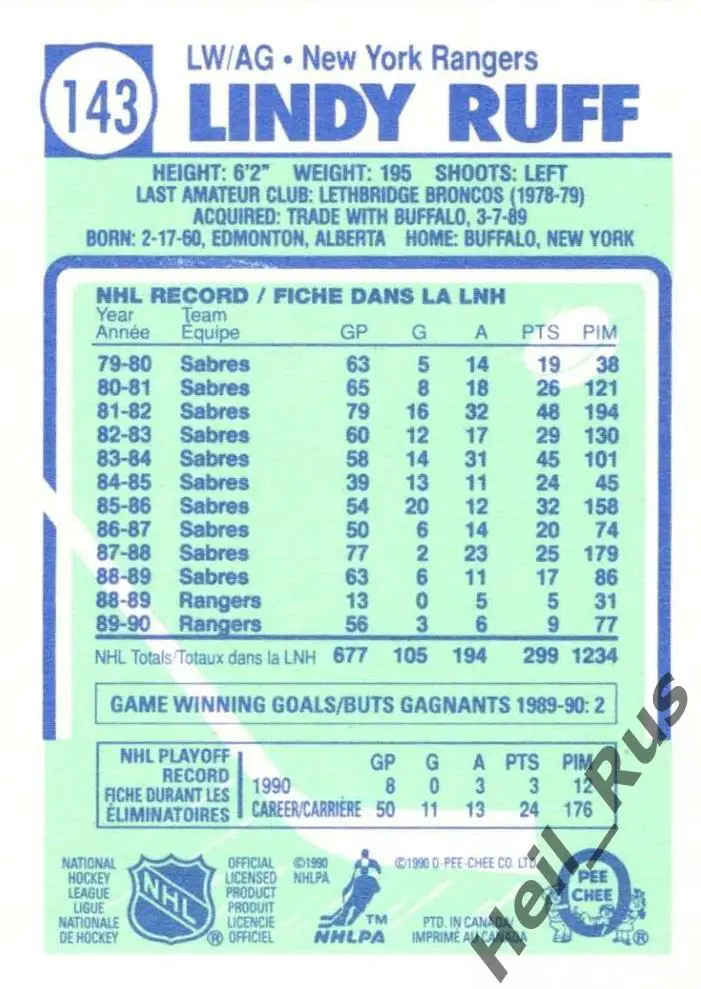 Хоккей. Карточка Lindy Ruff/Линди Рафф (New York Rangers/Рейнджерс) НХЛ/NHL 1