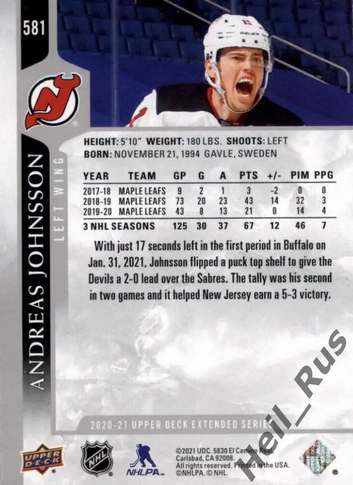 Хоккей. Карточка Andreas Johnsson / Андреас Юнссон (New Jersey Devils) НХЛ/NHL 1