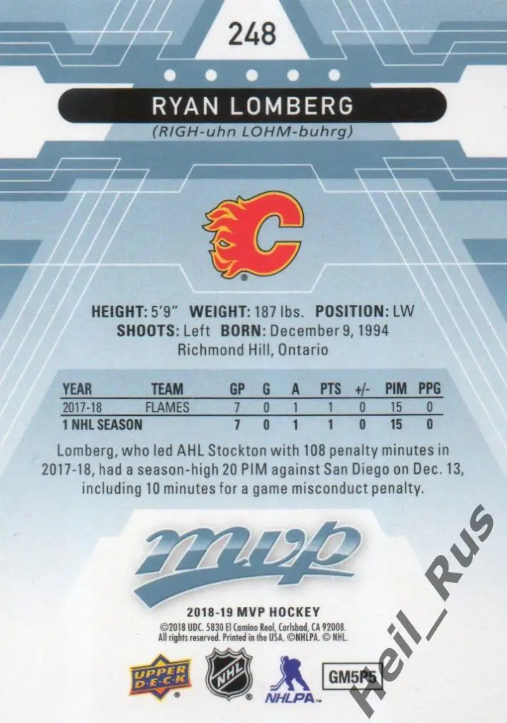 Хоккей. Карточка Ryan Lomberg / Райан Ломберг (Calgary Flames / Калгари) НХЛ/NHL 1