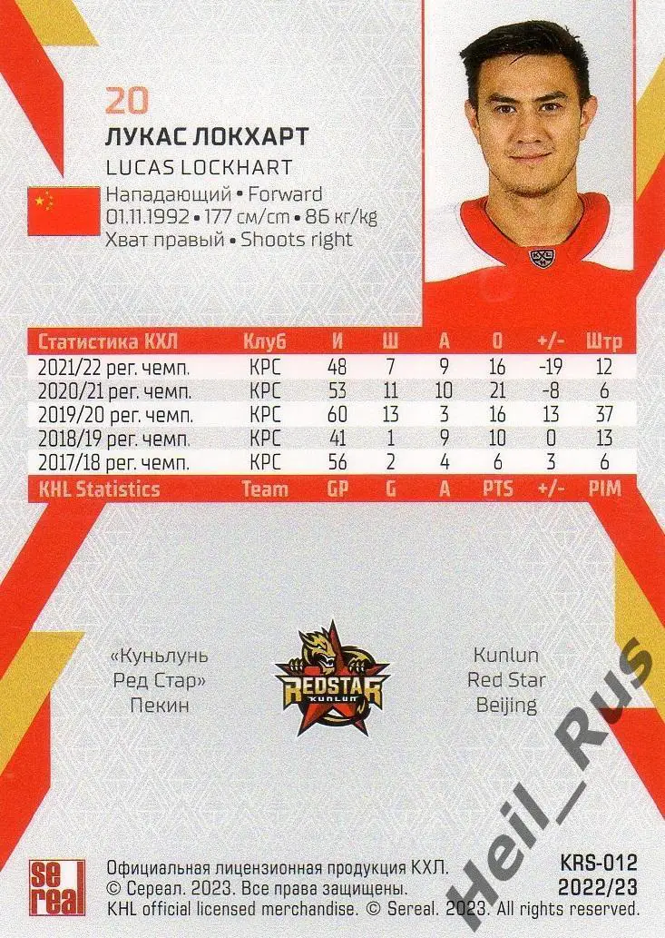 Хоккей. Карточка Лукас Локхарт Куньлунь Ред Стар Пекин КХЛ сезон 2022/23 SeReal 1
