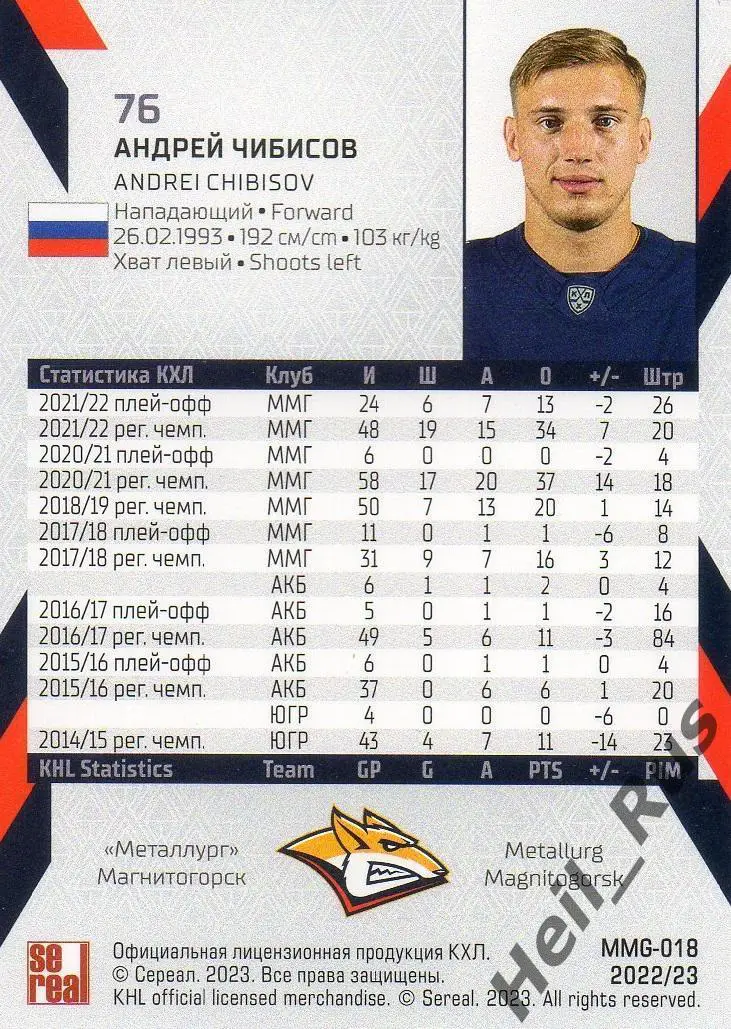 Хоккей Карточка Андрей Чибисов (Металлург Магнитогорск) КХЛ сезон 2022/23 SeReal 1