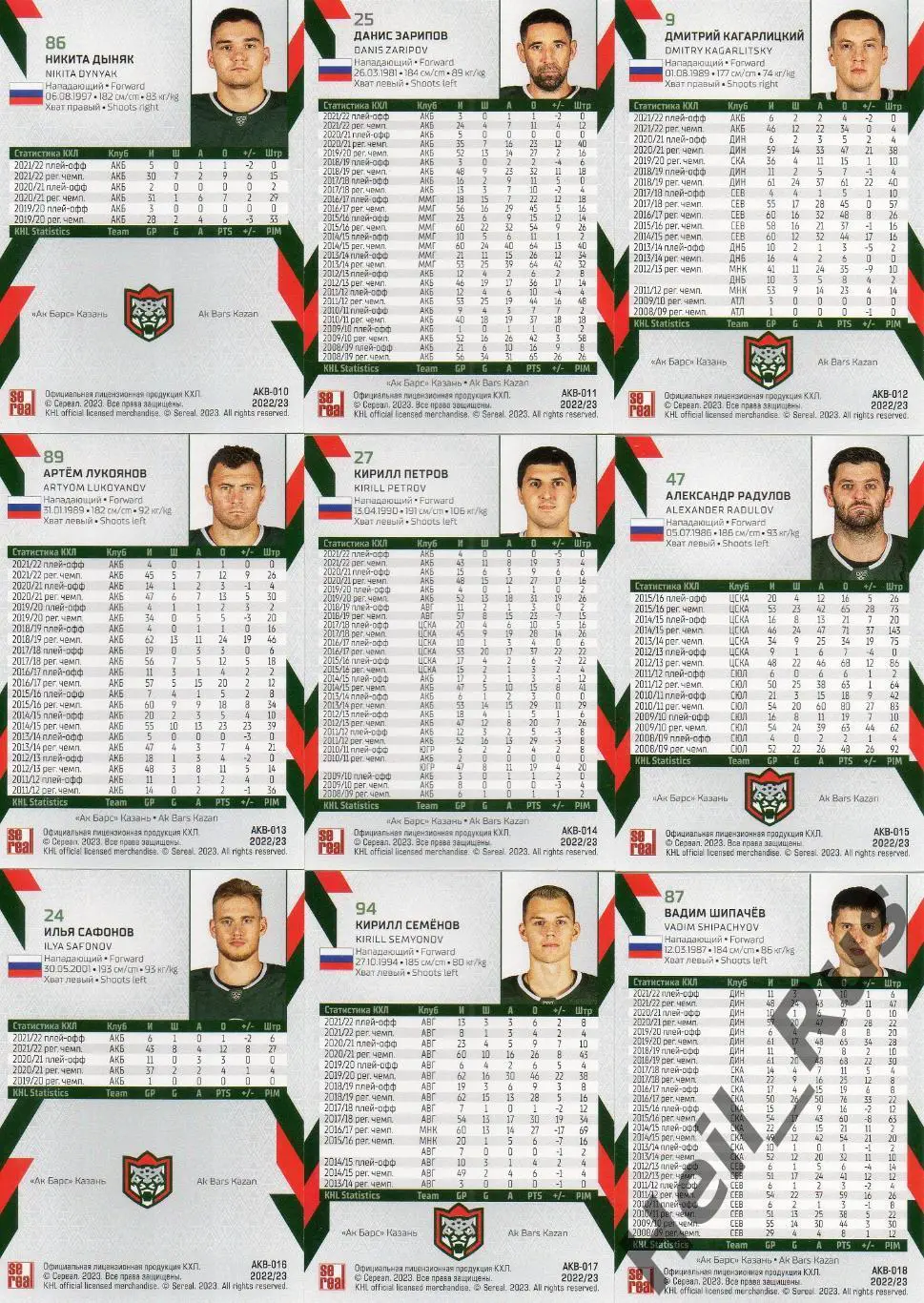 Хоккей Ак Барс Казань 18 карточек КХЛ сезон 2022/23 Воронков, Зарипов, Радулов + 3