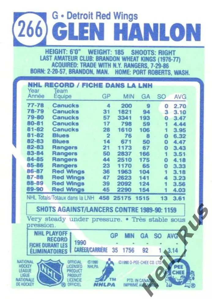 Хоккей Карточка Глен Хэнлон Detroit Red Wings/Детройт, Динамо Минск НХЛ/NHL, КХЛ 1