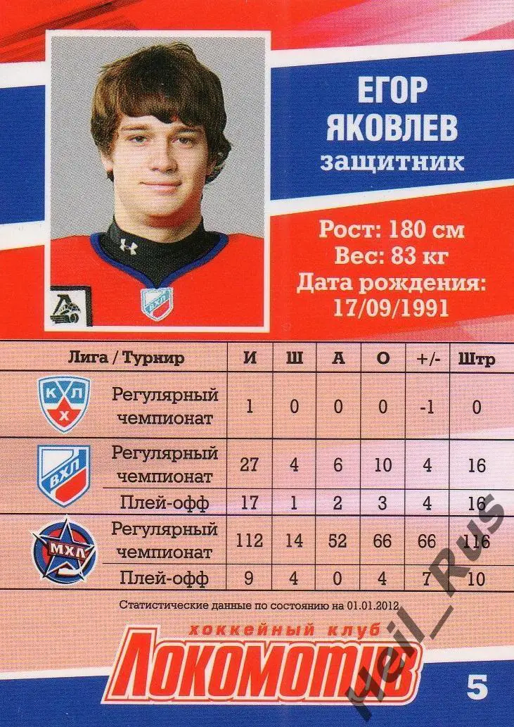 Хоккей. Карточка Егор Яковлев (Локомотив Ярославль) ВХЛ/МХЛ/КХЛ сезон 2011/12 1