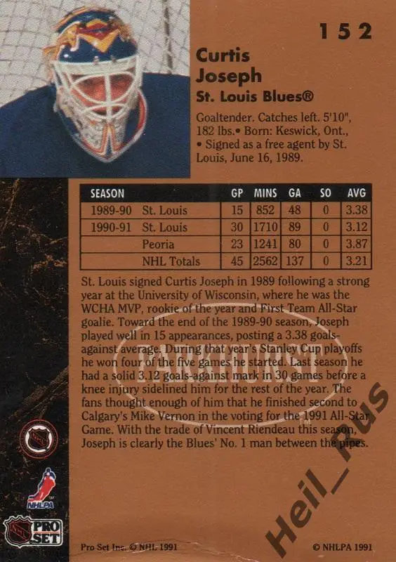 Хоккей; Карточка Curtis Joseph/Кертис Джозеф (St. Louis Blues/Сент-Луис) НХЛ/NHL 1
