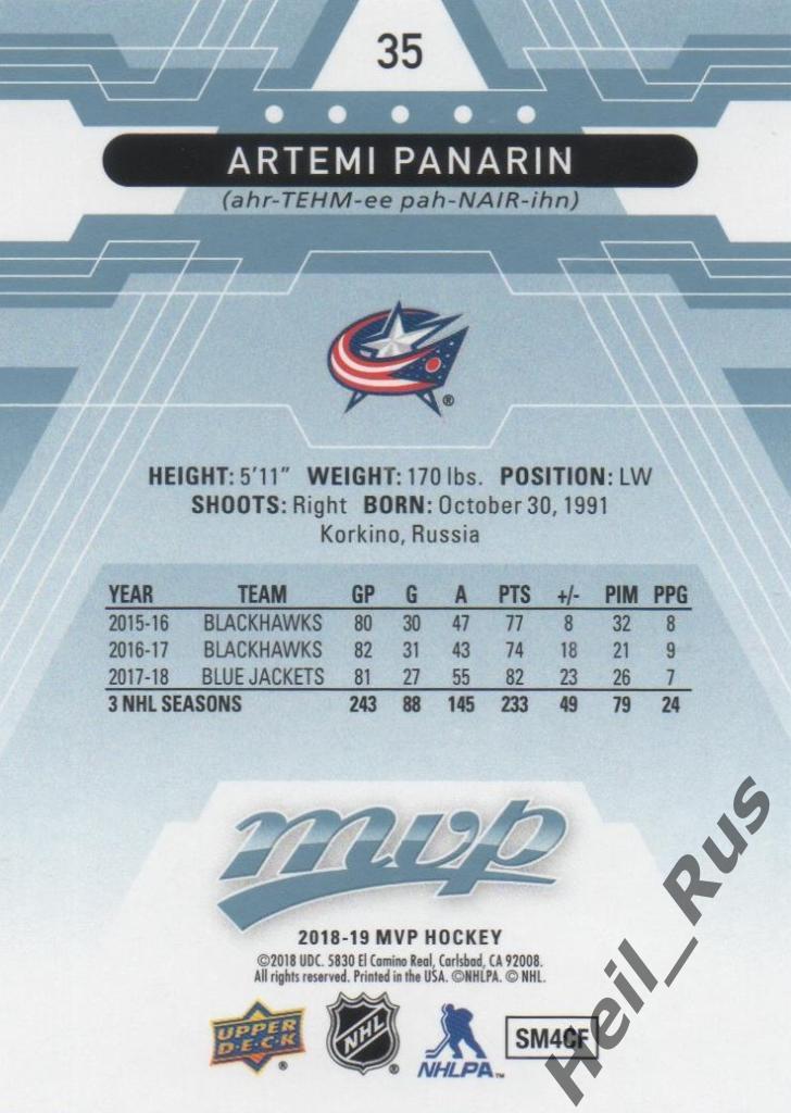 Хоккей. Карточка Артемий Панарин (Columbus/Коламбус, Витязь/СКА/Ак Барс) НХЛ/КХЛ 1