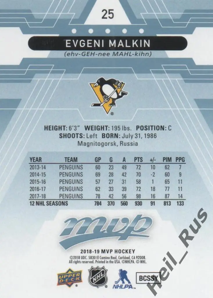 Хоккей, Карточка Евгений Малкин (Питтсбург, Металлург Магнитогорск) НХЛ/NHL, КХЛ 1
